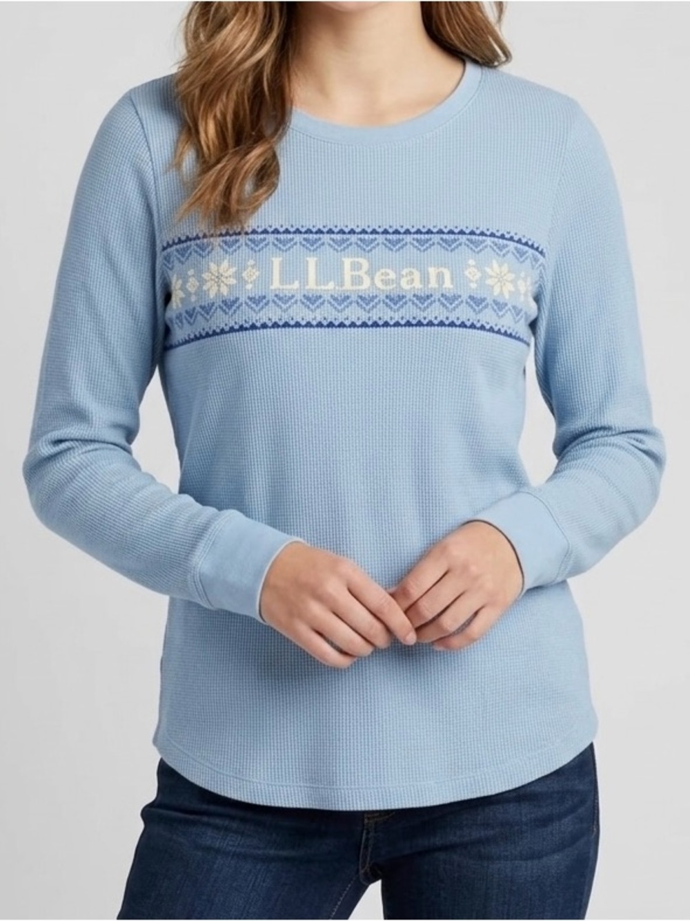L.L. Bean Light Blue Waffle Thermal Knit Fair Isle Plaid Accent